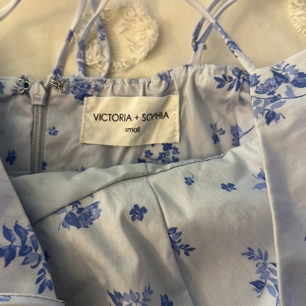 Victoria + Sophia blue floral cotton mini spaghetti strap babydoll dress small - Picture 5 of 6